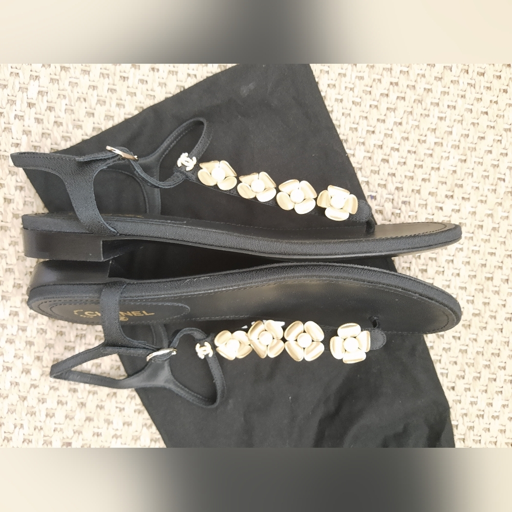 Chanel sandals ,gold tone hardware cc  camelias with pearl centre- Authentic - Picture 5 of 11